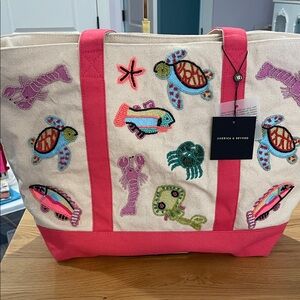 America & Beyond Pink-Trim Embroidered Canvas Tote NWT